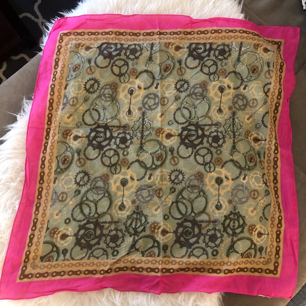 Large vintage pink green gold print graphic scarf